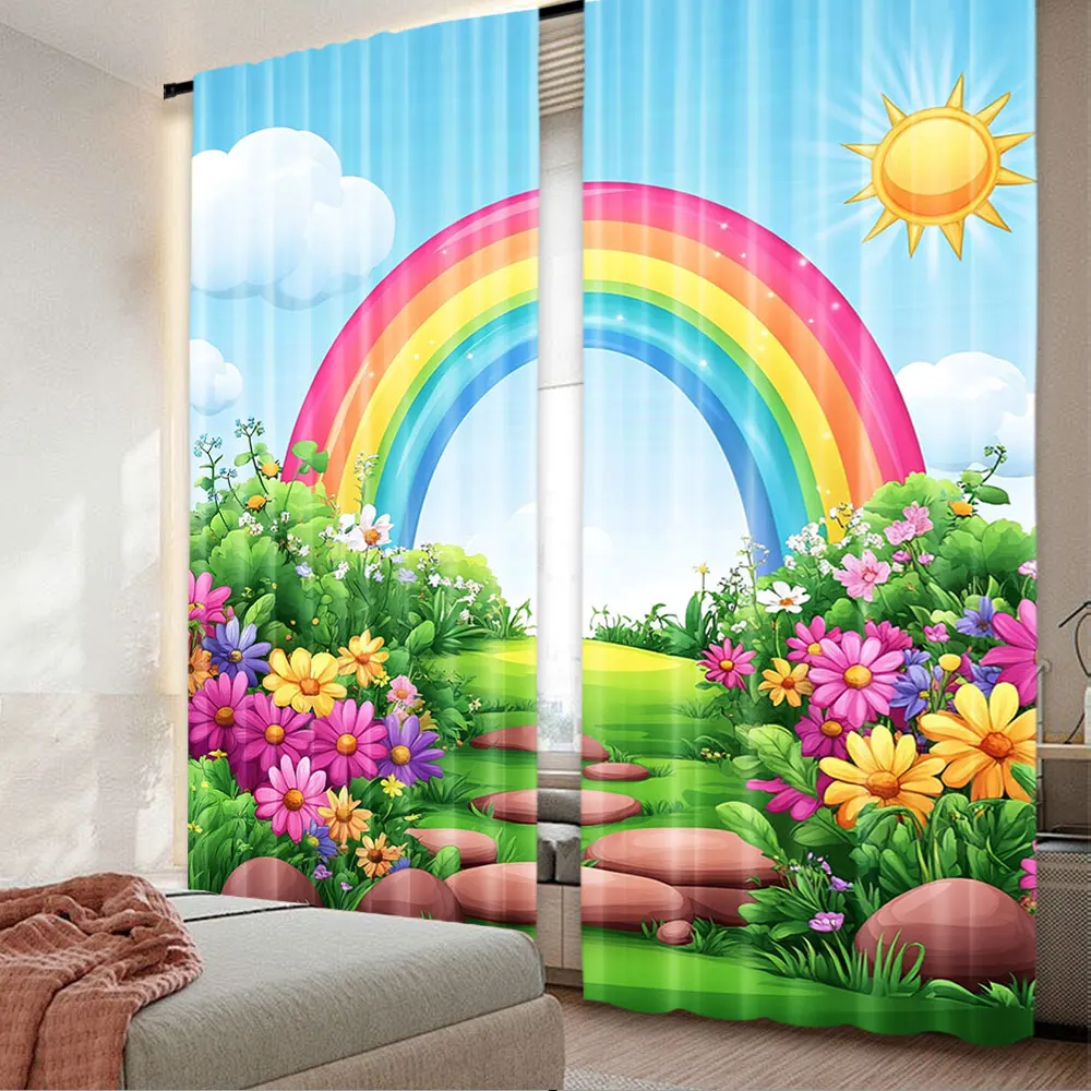 2Pcs Rainbow And Sun Curtain Spring Flowers Garden With Rainbow Cartoon Curain Suitable For Bedroom Living Room Dorm