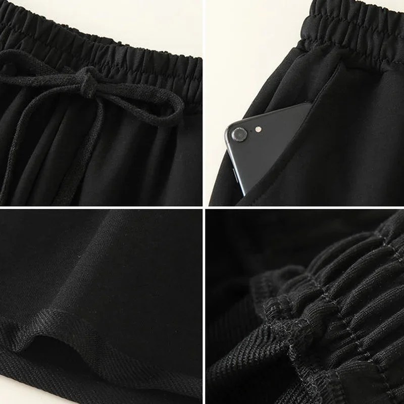 Calções femininos na altura do joelho streetwear lazer sólido cordão solto verão novo unisex friso estilo japonês chique na moda ulzzang