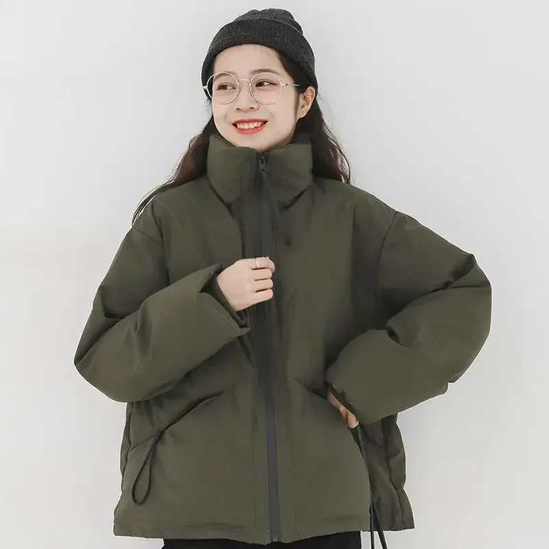 

Short Style Parkas Women Pure Color Pockets Warm Winter Ulzzang All-match Casual Fashion Ladies Student Zipper Clothing Outwear