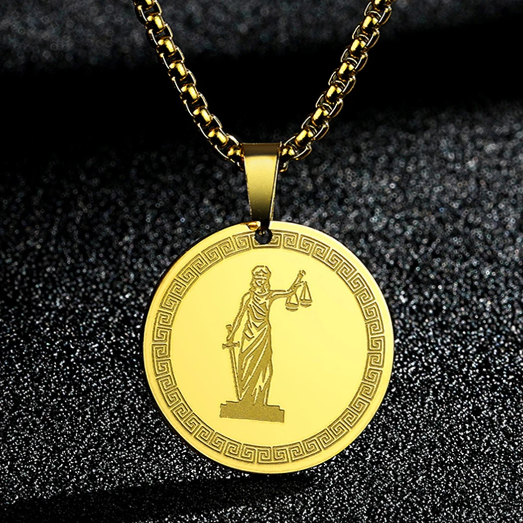 Men's Necklace Stainless Steel Themis Titaness of Divine Law and Order Pendant Women Round Amulet Protection Best Friend Jewelry