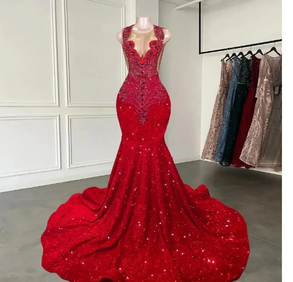 Mermaid Red Dresses 2024 Sheer Diamonds Style Sparkly Rhinestones Crystals Sequined Prom Party Formal Evening Gowns فساتين سهرة