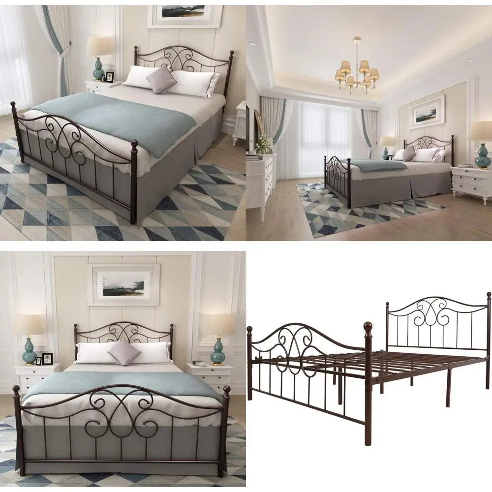 

Vintage Metal Queen Bed Frame with Headboard and Footboard - Antique Brown, No Box Spring Needed