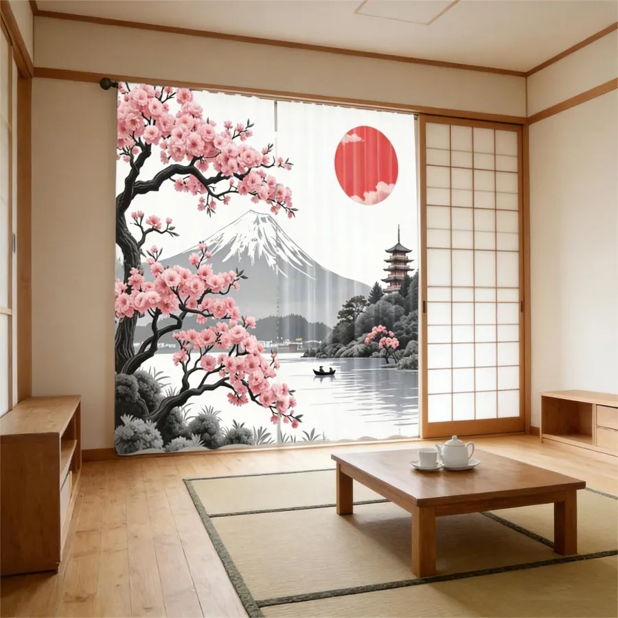 2PCS Digital Print  Curtain, Red Sun Mount Fuji, Bohemian Style  Curtain Panel for Home Living Room Bedroom Decor
