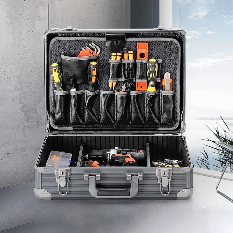 Complete Toolbox Multi-Purpose Hard Aluminum Storage Box Suitcase Tools Electrical Accessories Parts Storage Box Set with Lock