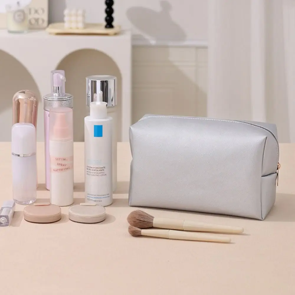

Fashion PU Leather Makeup Bag Waterproof Large Capacity Travel Toiletry Bag Solid Color Storage Pouch