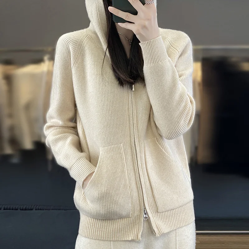 Autumn and winter 100% pure wool hooded loose cardigan sweater solid color long sleeve casual new knitted cashmere sweater