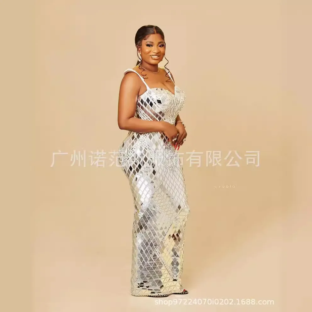Designer verão espelho lantejoulas strass decalque sem mangas longo chão bola vestido de noite para mulheres chique e doce vestido de noite