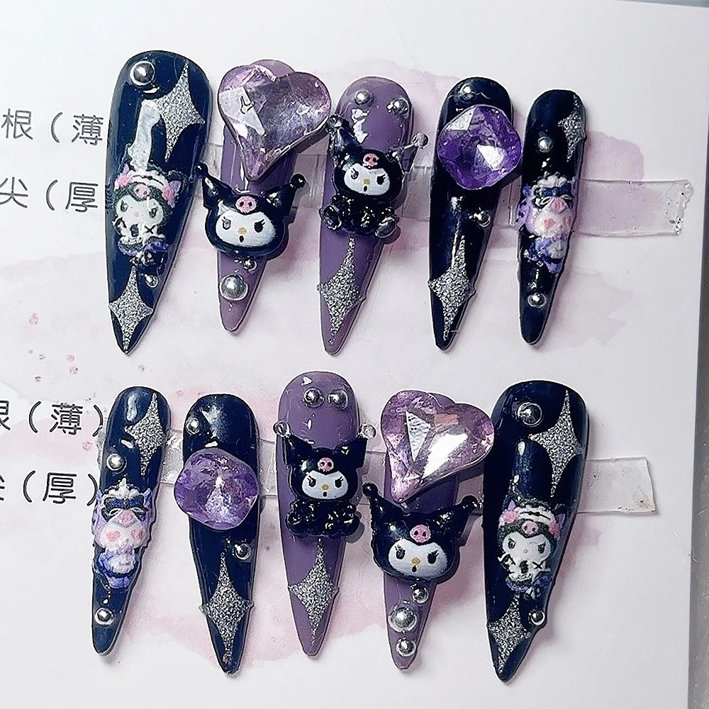 Uñas 3D hechas a mano para niñas, dulces, frescas, oscuras, brillantes, púrpura, amor, fiesta de Halloween, regalo de uñas, Y2K, 2024