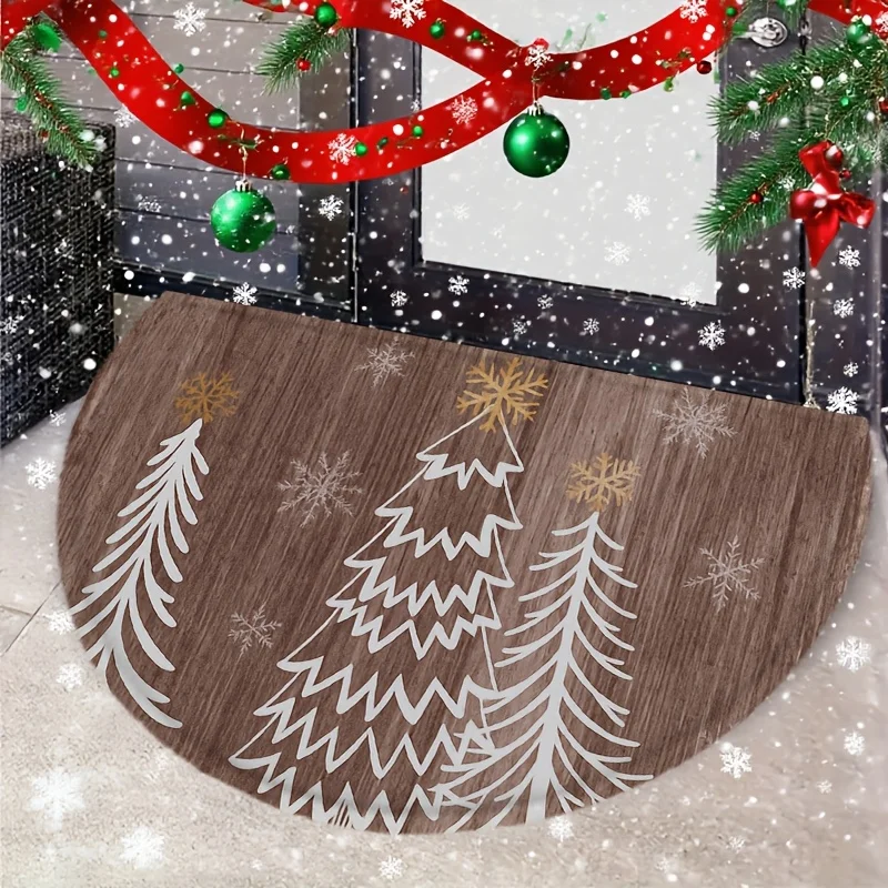 Wood Grain White Line Christmas Tree Snowflake Doormat for Farmhouse Entryway Balcony Patio Seasonal Washable mat