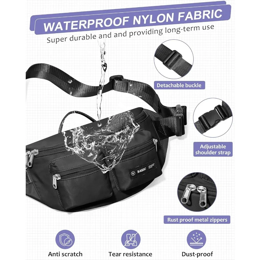 حقيبة حزام سوداء للنساء والرجال مع أوعية متعددة بسحاب مقاومة للماء وحقيبة خصر عصرية مع لو قابل للتعديل