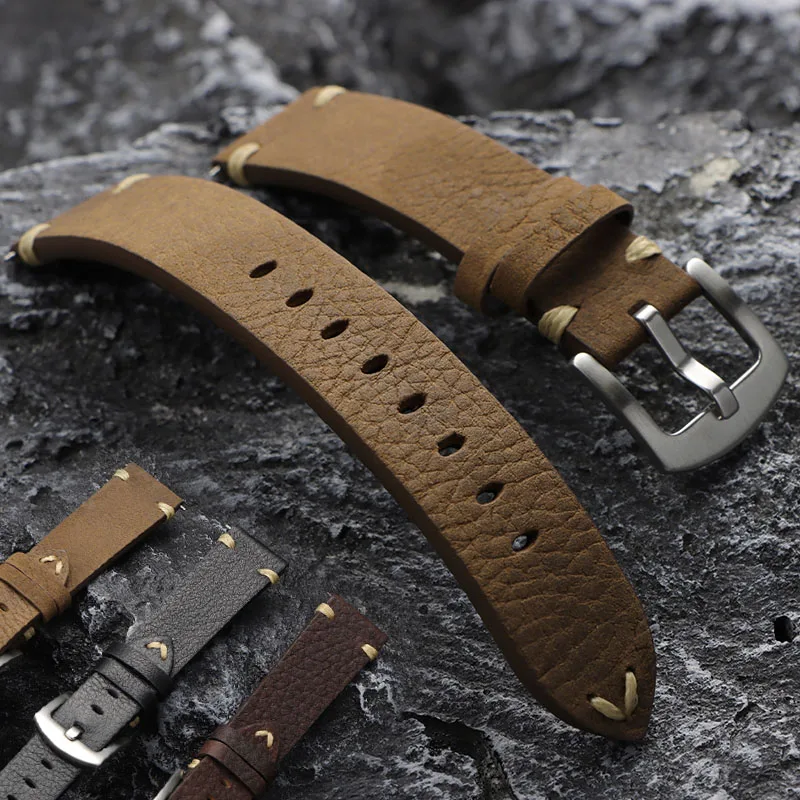 Ремешок из натуральной кожи 20 мм 22 мм, винтажный ремешок для часов из воловьей кожи для Omega для браслета Seiko, спортивный универсальный сменный браслет