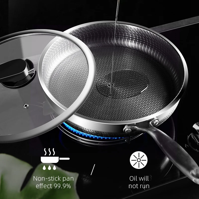 

304 Stainless Steel Frying Pan High Quality Pan Fried Steak Non Stick Pan General Purpose Induction Cooker Honeycomb Wok