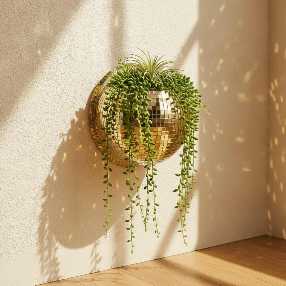 Acrylic Mirror Finish Wall-Mounted Disco Planter Shining Decorative Hydroponic Plant Container Half Sphere Disco Wall Decoration