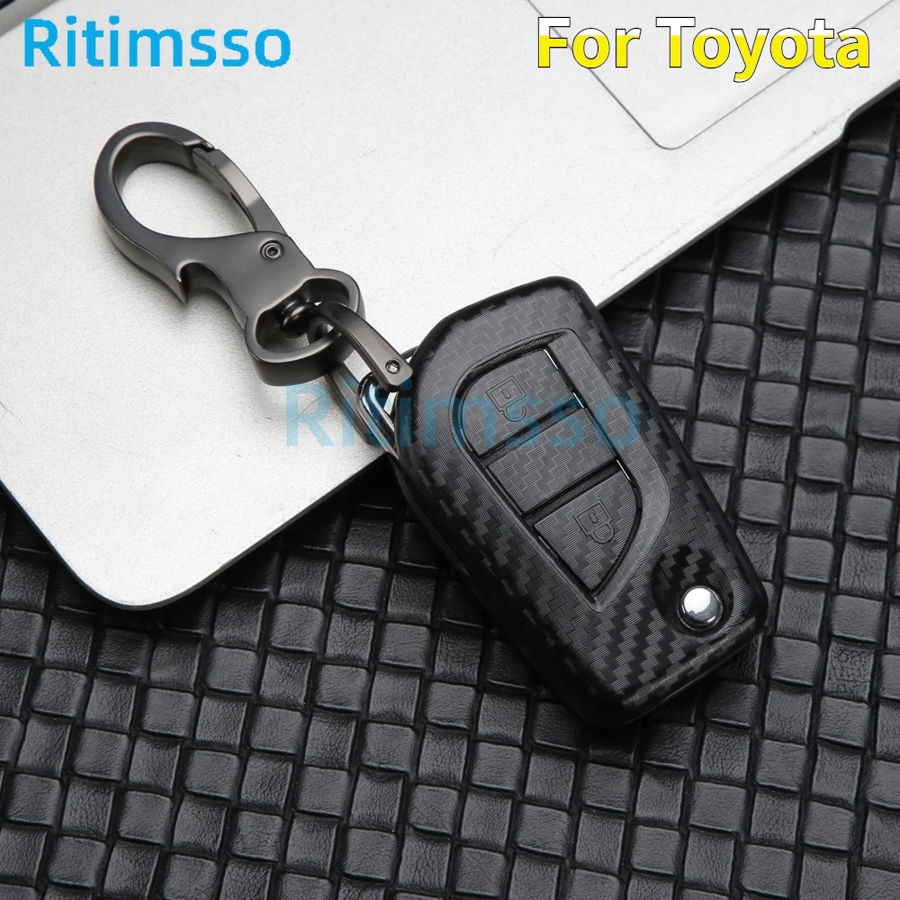 Fibra de carbono abs remoto chave do carro titular capa completa para toyota hilux revo innova rav4 fortuner cristal chaveiro