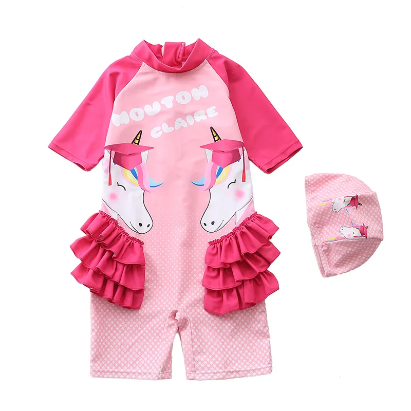 

HappyFlute One Piece Short Sleeve Cute Flamingo Print Sunscreen&Quick Dry Girls Swimsuit