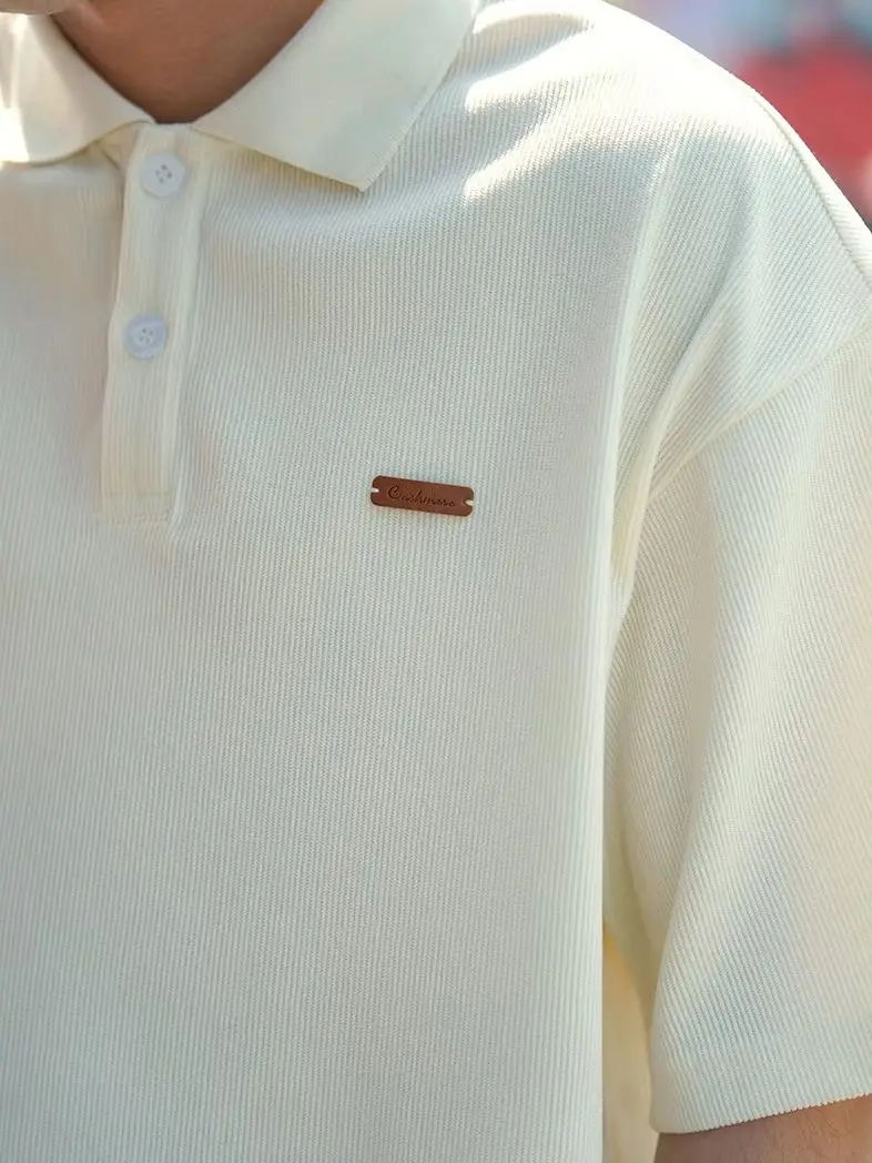 Textured Short-Sleeve Polo Shirt for Men: Lightweight, Breathable Summer T-Shirt with Vertical Stripes and a Retro, Loose Fit