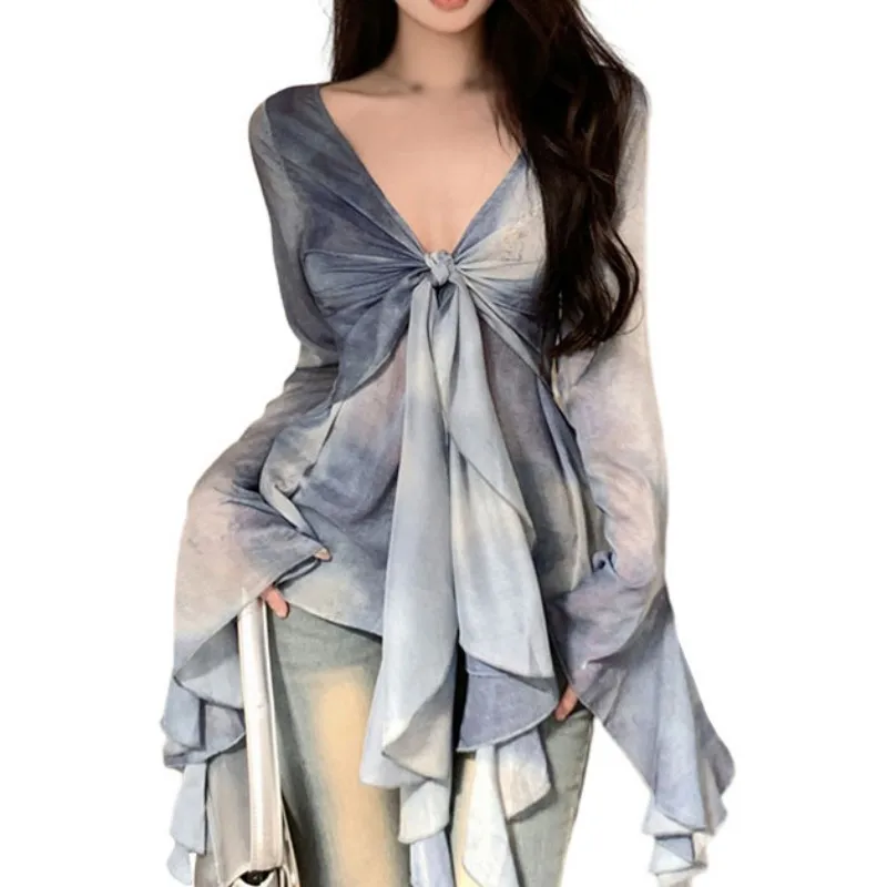 Women's Sexy V-neck Long Seeves Flared Sleeves Chiffon Tops Shirts