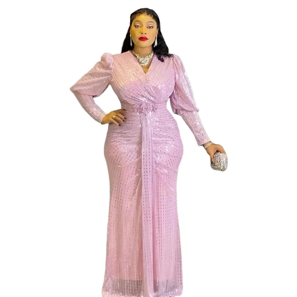 African Party Dresses for Woman Africa Clothing Plus Size Dashiki Sequin Pink Robe Elegant Turkey Muslim Wedding Evening Gown