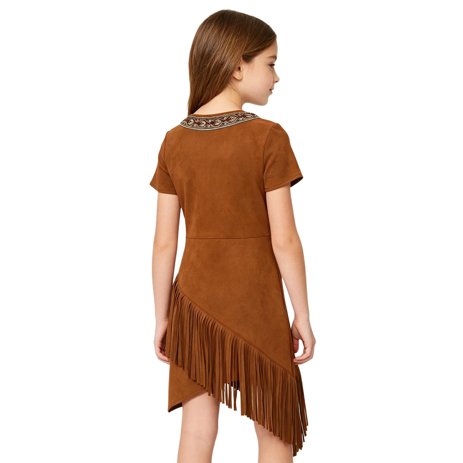 Kids Girls Indigenous American Indians Dress Native American Costume Short Sleeve Irregular Tassels Hem Dress Theme Party Outfit