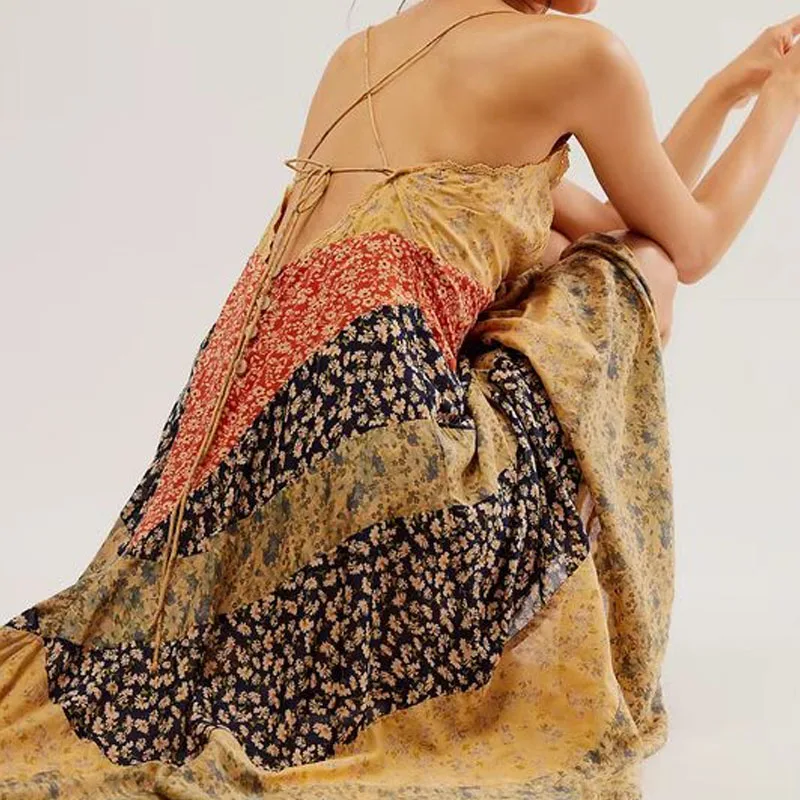 Sexy decote em v sem mangas magro bohe vestido de férias vintage sem costas plissado impressão vestido longo elegante irregular vestido de festa feminino