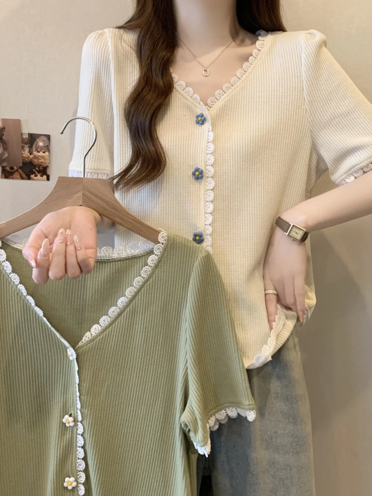 

plus Size Short Sleeve Shirt Women Summer Slimming Meat Covering Irregular Top Fat MM Lace Trim Shoulder Bearing Shirt