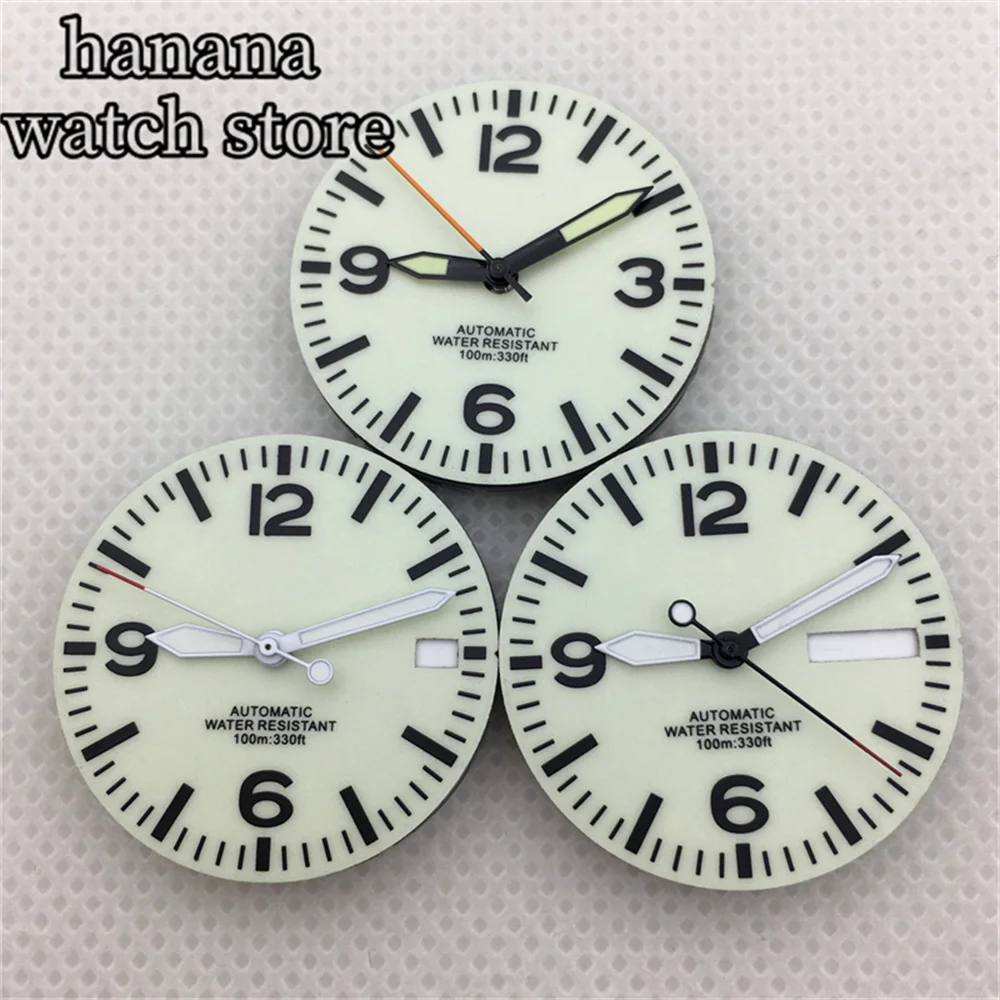 Mostrador branco preto de 29mm com ambas as mãos mostrador luminoso completo para movimento NH35 NH36 verde luminoso