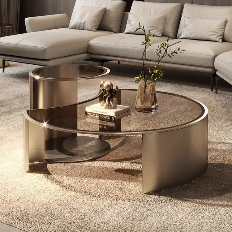 

Высококачественный кофейный столик из нержавеющей стали и стекла в стиле лайт-люкс, комбинированный, с элементами в форме луны.