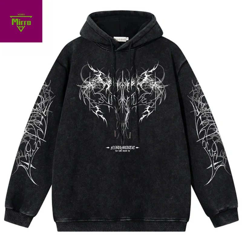 【Mirrordust】Vintage Men Hoodies Winter Plush Oversized Graphic Hoodies Streetwear Harajuku Hip Hop Hoodies Sweatshirts