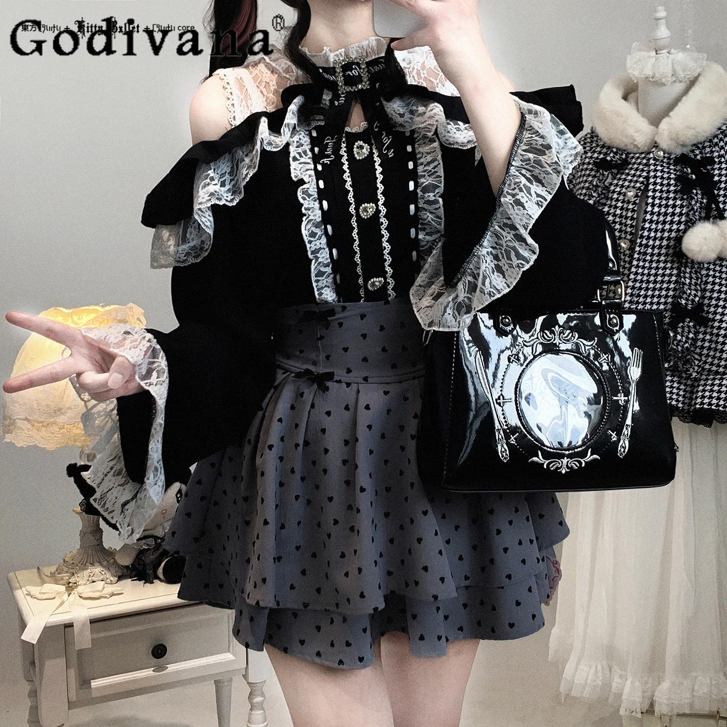 

Оригинальные милые кружевные рубашки в стиле Лолиты для девочек с открытыми плечами и длинными рукавами, блузка, весенне-осенние новые женские облегающие топы с рукавами Ji