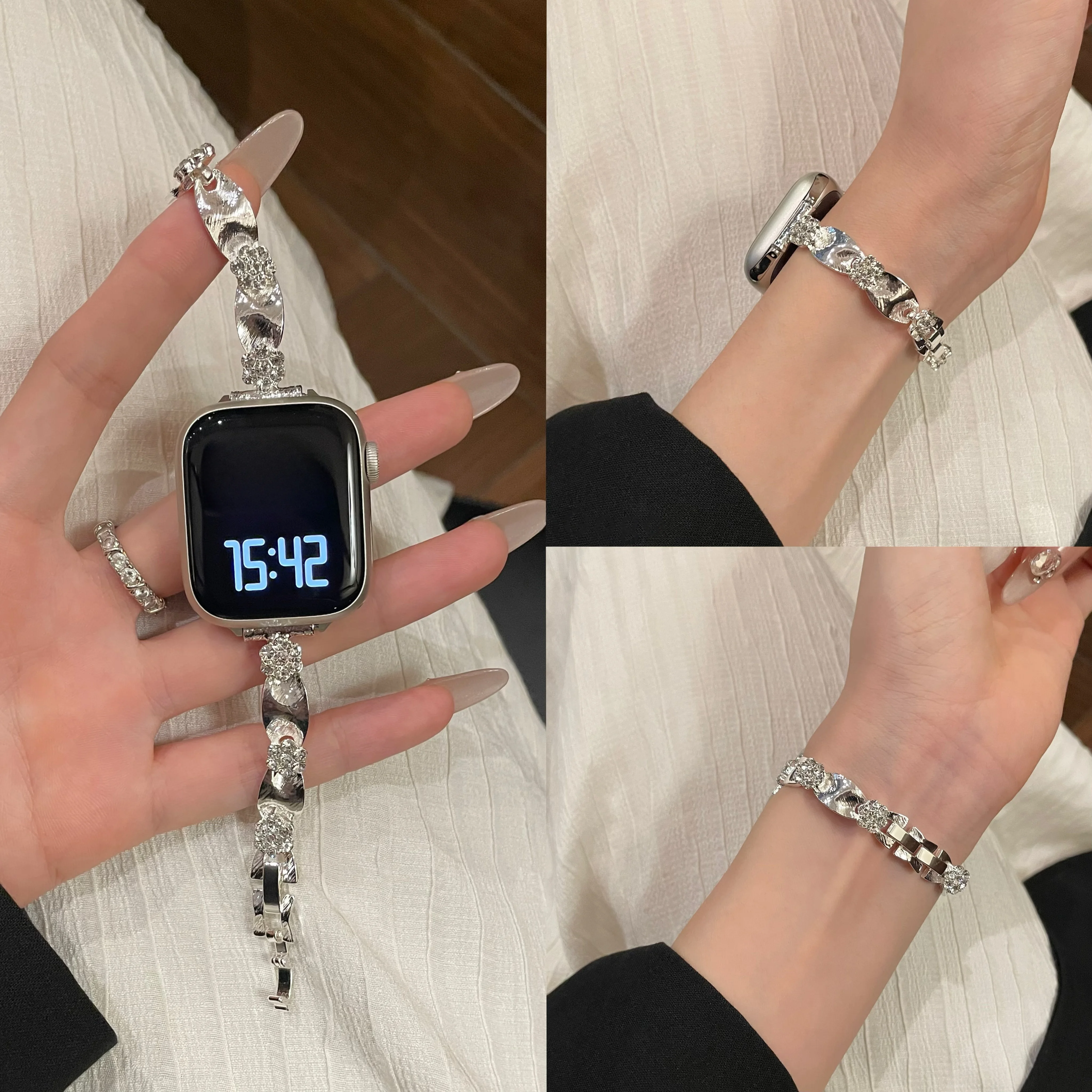 

Compatible with iWatch strap 38mm 40mm 41mm 42mm 44mm 45mm 49mm silk sparkling diamond flower fashion strap