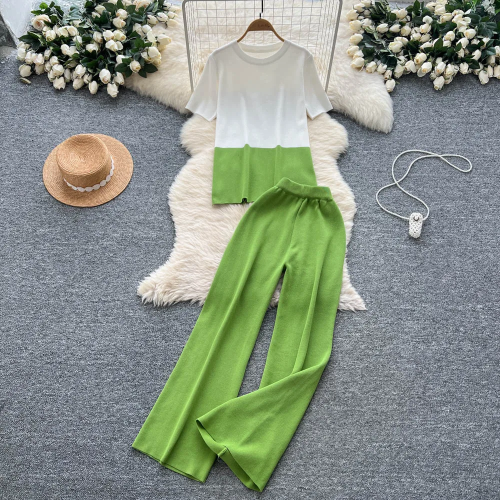 

Pant Set Women Two Piece Sets Round Neck Short Sleeve Casual Loose Tops Y2k Streetwear Wide Leg Long Pants High Waist Work