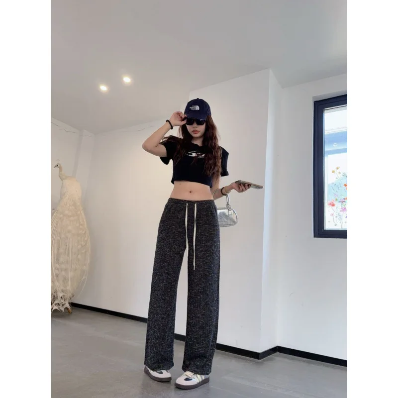 

Широкие брюки, черные плиссированные женские летние быстросохнущие брюки обычного кроя, тренд для милых девушек, городской пляж, эластичные шнурки для свиданий, простые