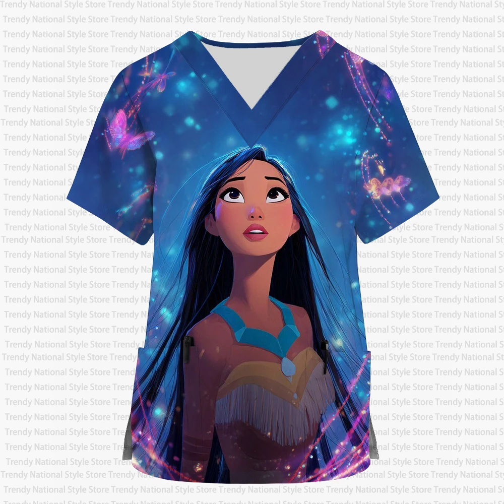 Neues Sommer-Damen-Krankenschwesteruniform mit Aufdruck, Disney Pocahontas Princess Care, mattiertes Oberteil für Haustiergeschäfte und Haustiergeschäfte – Arbeits-T-Shirt