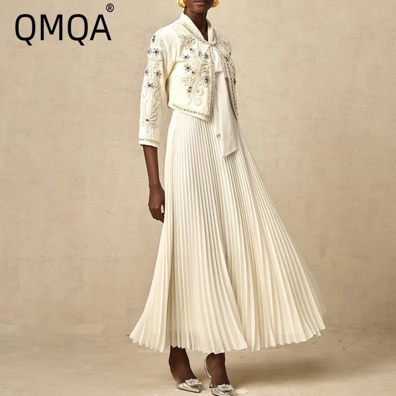 QMQA Fashion Women's Elegant Banquet 2 Piece Sets Long Sleeve Spliced Sequins Short Coat A Line Pleated Dress Set Female QM139