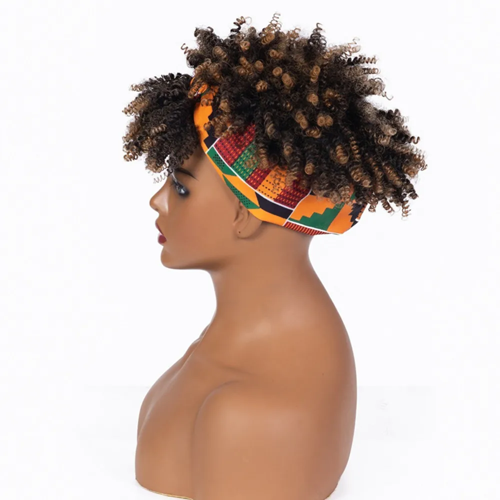 Parrucche sintetiche per capelli ricci per donne nere parrucche corte Afro crespi ricci con frangia fascia per uso quotidiano parrucca per feste o Cosplay