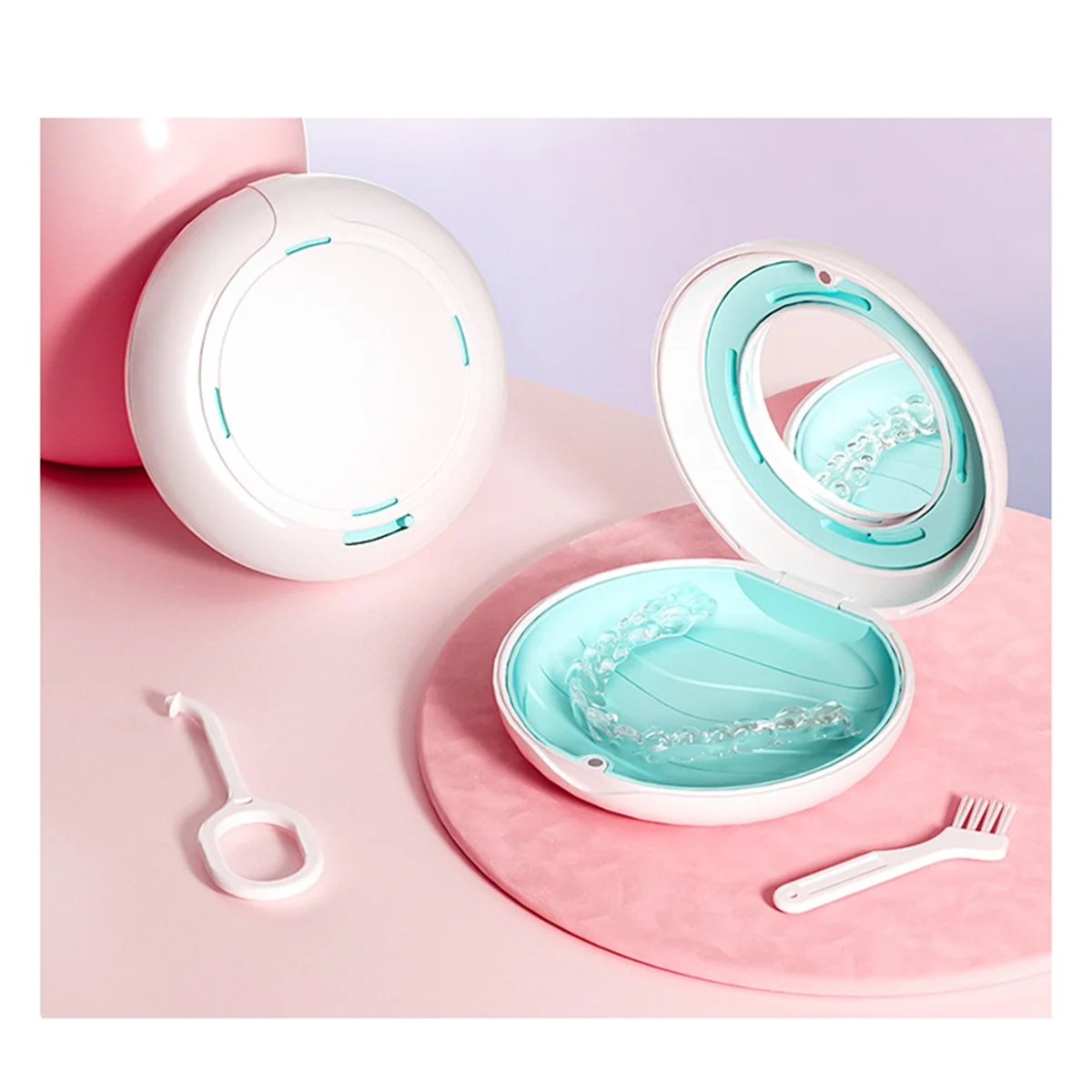 Custodia per apparecchi ortodontici Scatola di fermo per apparecchi ortodontici con specchio Protezione per la bocca Custodia per allineatore per protesi Igiene orale Organizzare B