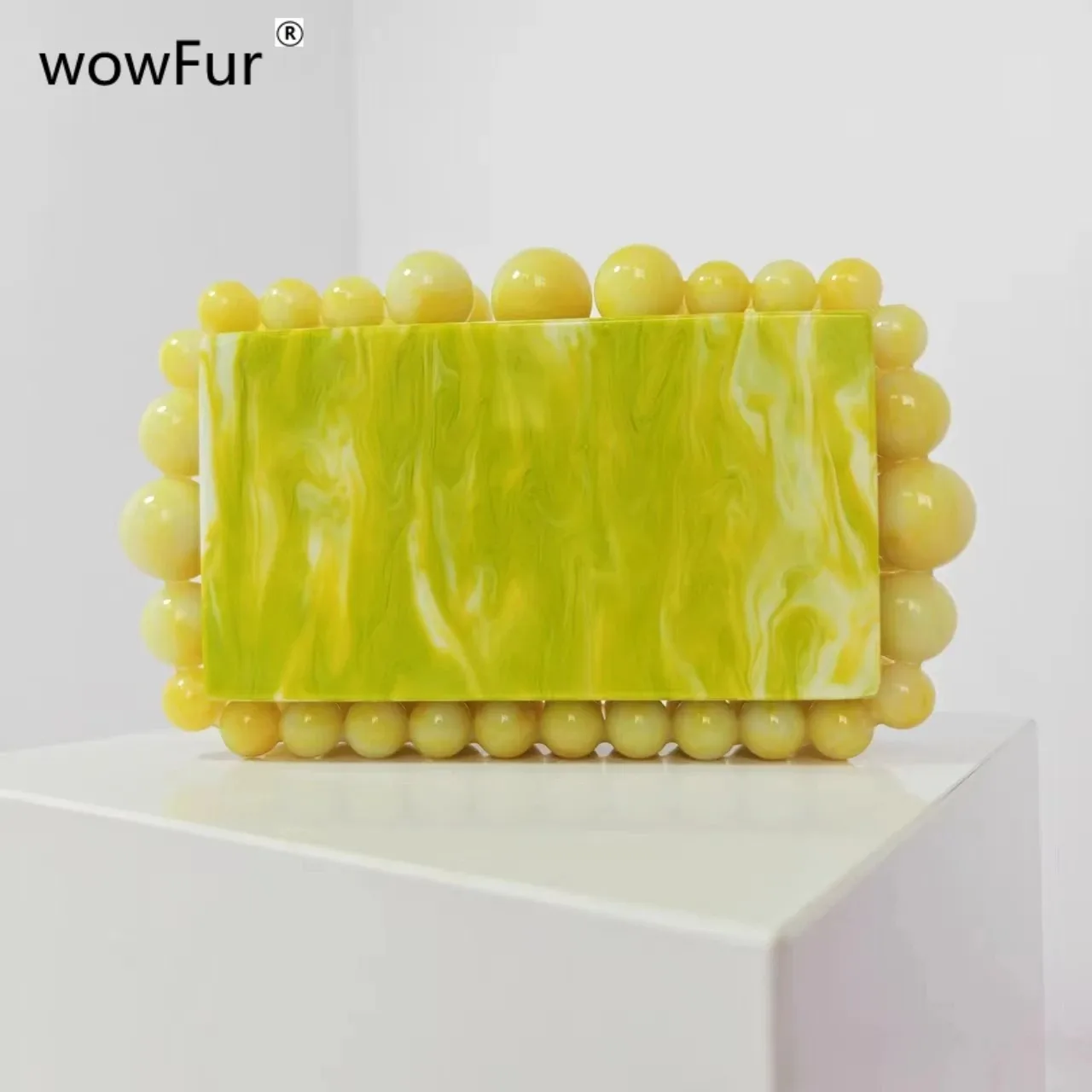 Green Three Beaded Heavy Brand New Acrylic Yellow Women Shoulder Pvc Box Clutches Evening Party Beach Gift Handbag And Purse Bag