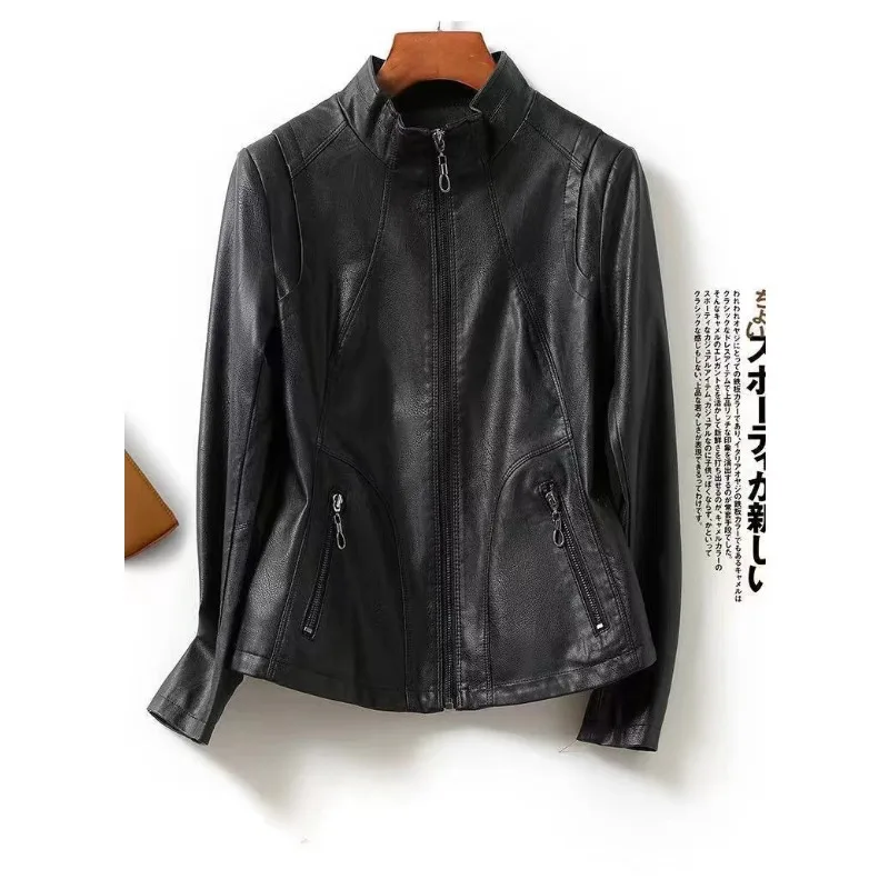 秋の女性用シープスキンコート、大きいサイズ3XL、レザージャケット、女性用スタンドカラー、スリムジップレザートップス、内側カラーブロックデザイン