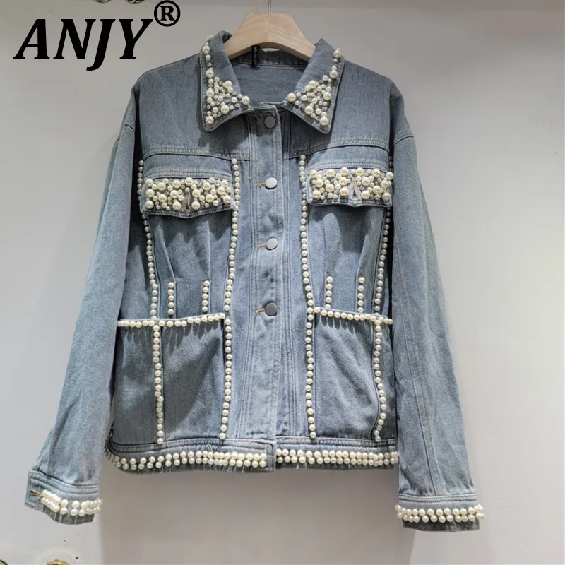

ANJY Autumn Winter New Women Tide Heavy Beaded Pockets Trendy Design Denim Jacket Niche Chic Casual Long Sleeve Coats Ins A12687