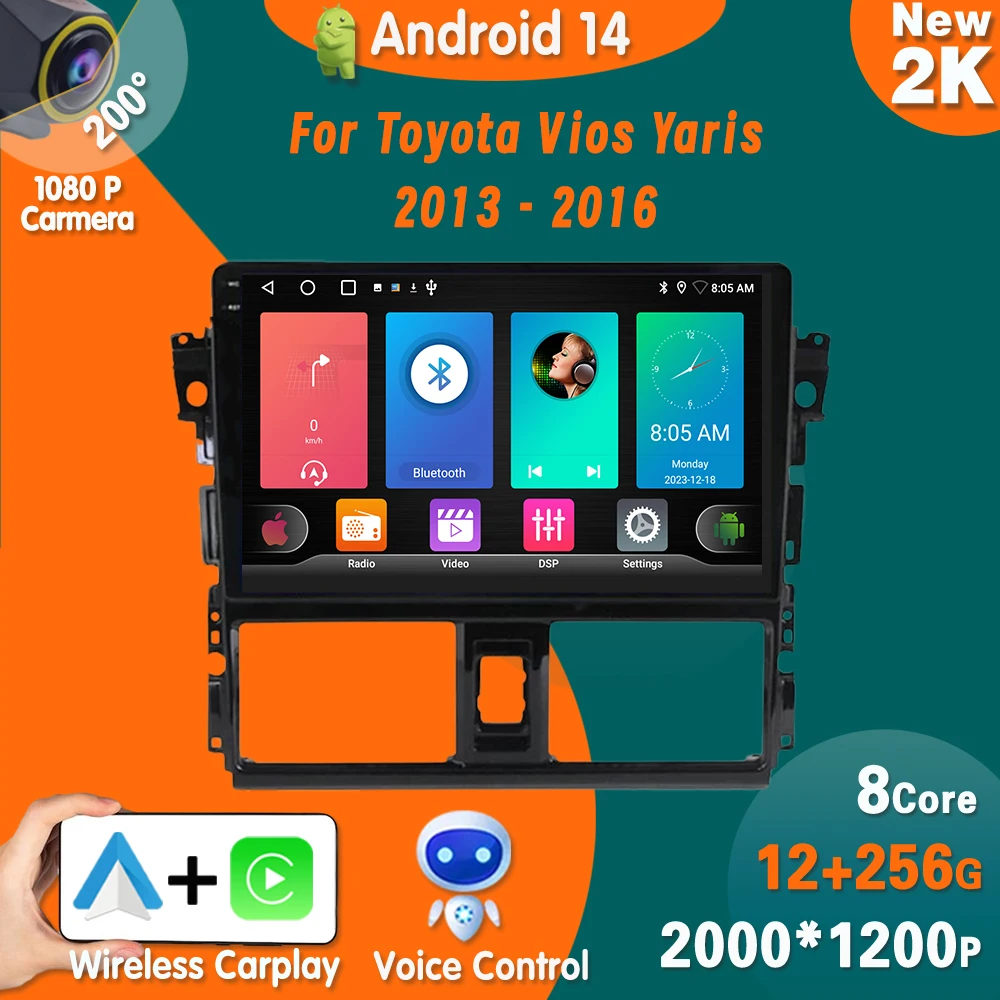 

Android14 Car Radio For Toyota Vios Yaris 2013 2014 2015 2016 Carplay Multimedia Video Player GPS navigation No 2 din DVD 4G