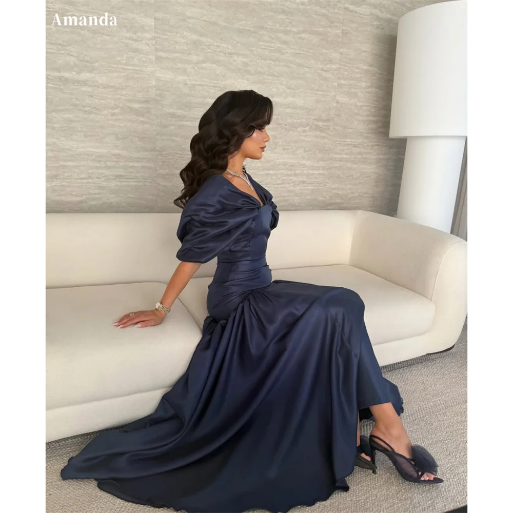 

Amanda Customized Elegant Mermaid V-Neck Prom Dress Draped Half-Sleeve vestidos de noche Satin Floor-Length Formal Evening 2025