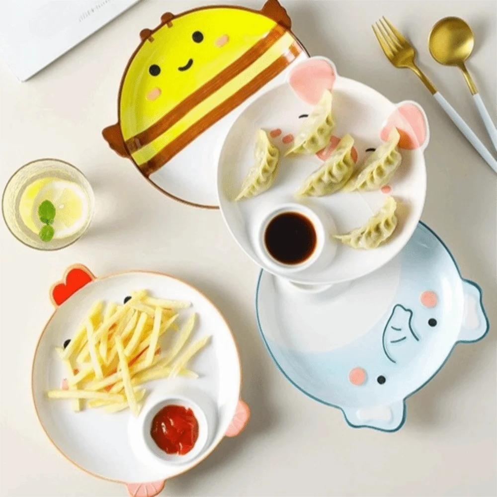 Ceramic Dipping Sauce Dish Japanese Style Thicken Cow Sushi Plate Animal Shape Dipping Sauce Compartment Split Plate Breakfast