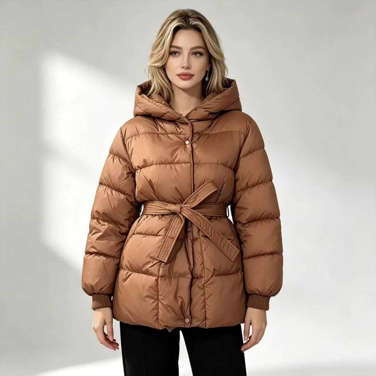 Women's Short Padded Jacket Winter Thickened Cotton Puffer Coat with Hood Drawstring Slimming Trendy Commute Style Long Sleeve