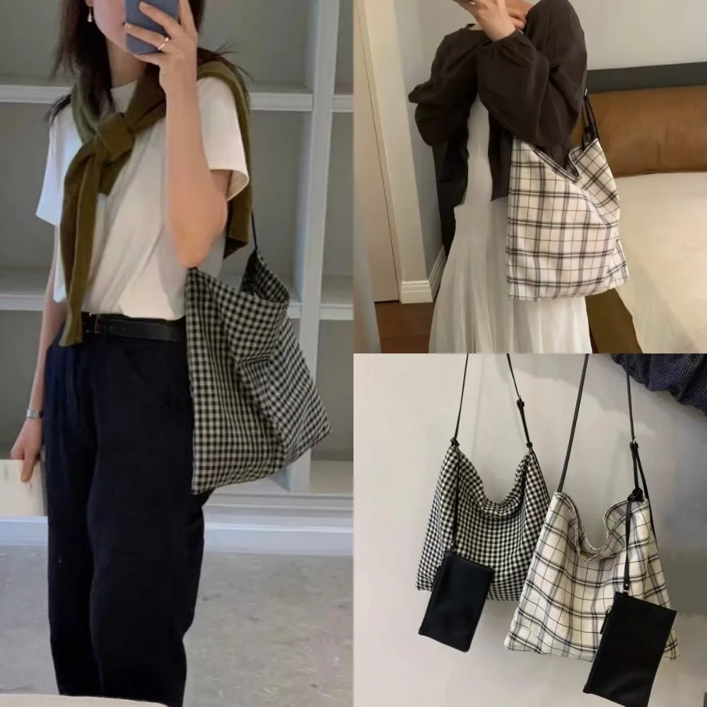 Splicing Acetated Linen Canvas Plaid Large Capacity Foldable Tote Bag Shoulder Messenger Texture Unique Fashion Casual