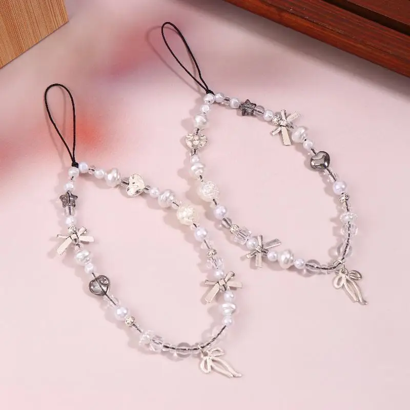 1 قطعة Y2K الفضة القوس قلادة هاتف محمول الحبل الجمالية مطرز سلسلة هواتف المحمول مكافحة خسر معصمه المفاتيح للفتيات هدية #4