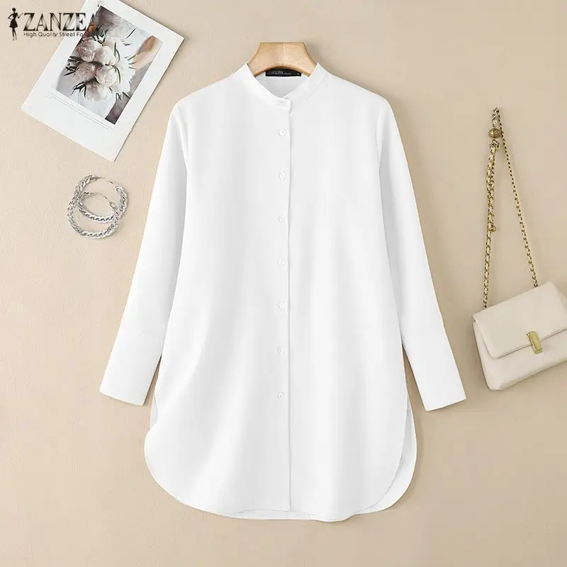 

Модная женская блузка ZANZEA Весна 2026 с воротником-стойкой и длинным рукавом, элегантная офисная блузка на пуговицах, праздничная блузка оверсайз