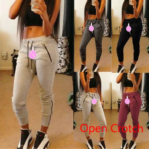 Woman Fitness Sexy Open Crotch Leggings Quick Dry Sport Loosed Hot Pants Gym Jogging Ankle Banded Sweat Pants High Rise Cloth