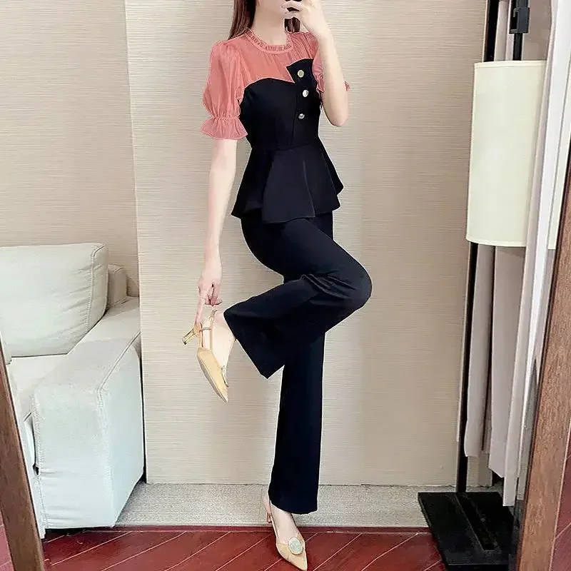 Trousers Woman Chiffon Splicing Summer 2024 Pant Sets for Women 2 Pieces Black Clothing Sales Clothes Outfit Chic and Elegant D