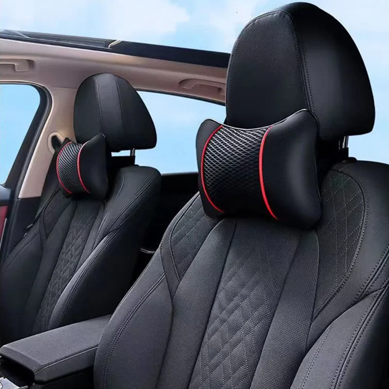 Car Seat Neck Pillow Headrest Rest Cushion Support PU Leather Knitted Seat Auto Black Safety Pillow car Accessories