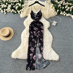 Elegant V-neck Vintage Sexy Sleeveless Backless Print Pleated Split Slim Straps Long Dresses French Evening High Street Clothing